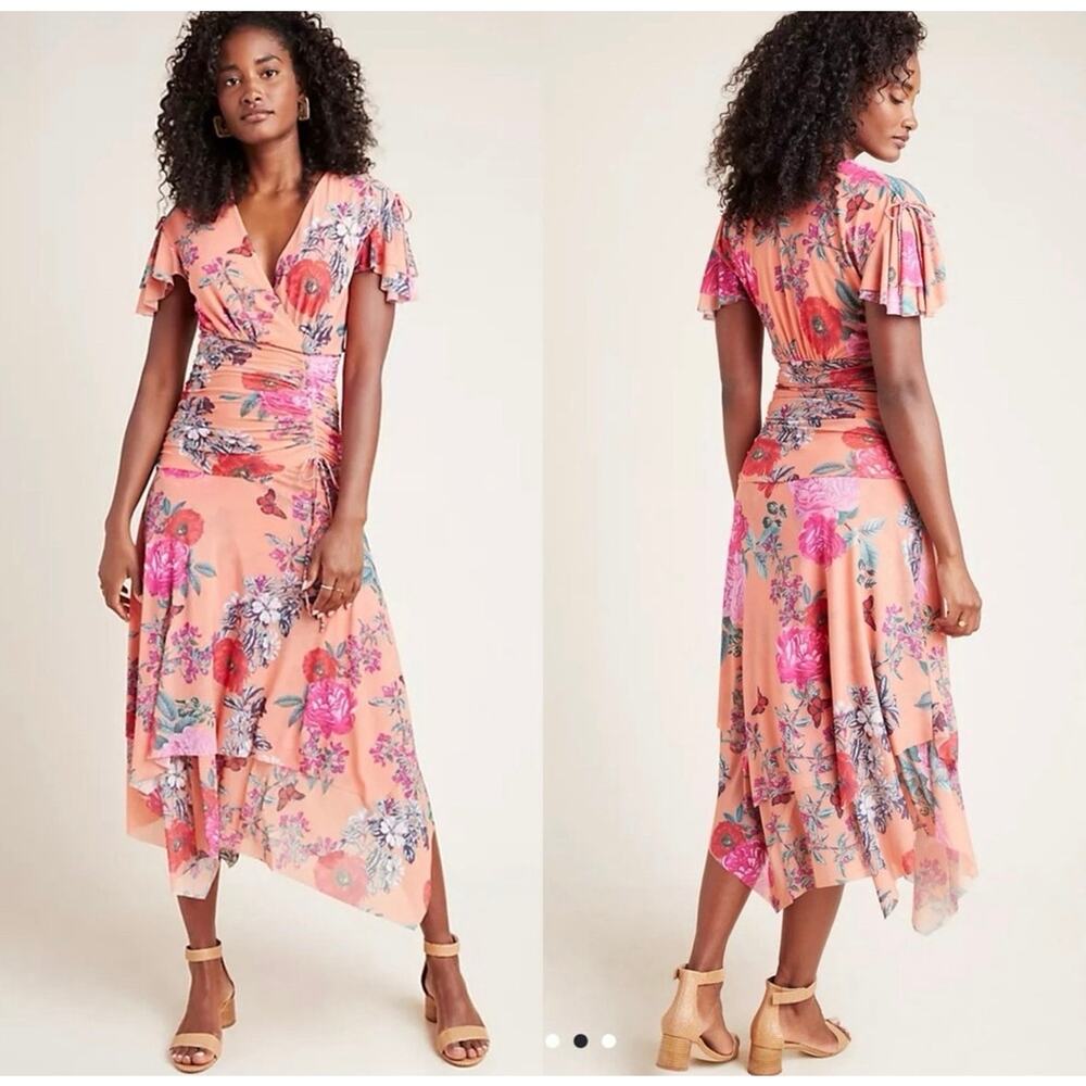 Maeve Whimsygoth Floral mesh Asymmetrical Dress Butterfly Fairycore ruched